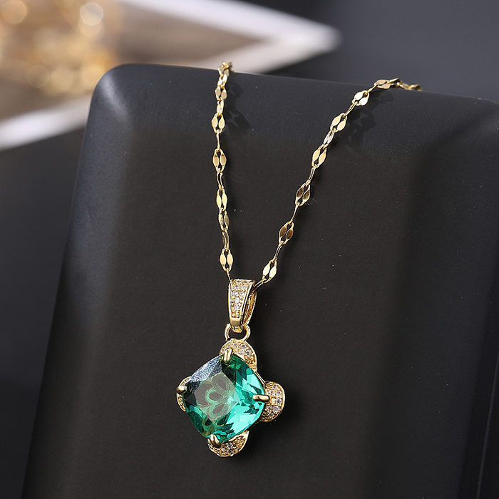 Elegant Retro Square Stainless Steel Inlay Zircon 18K Gold Plated Pendant Necklace