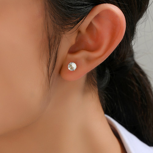 1 paire de clous d'oreilles plaqués or 18 carats avec incrustation ronde brillante en acier inoxydable et zircon