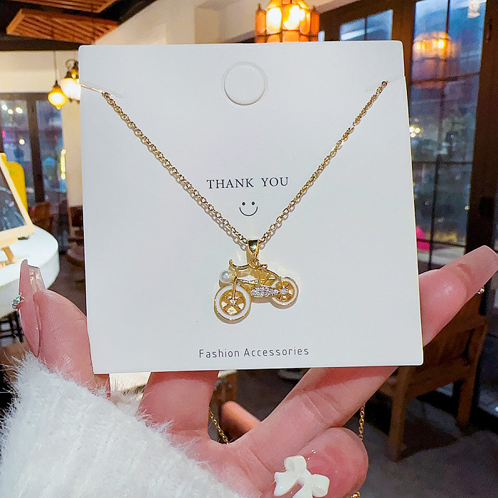 Cute Novelty Bicycle Stainless Steel Plating Inlay Artificial Pearls Zircon Gold Plated Pendant Necklace