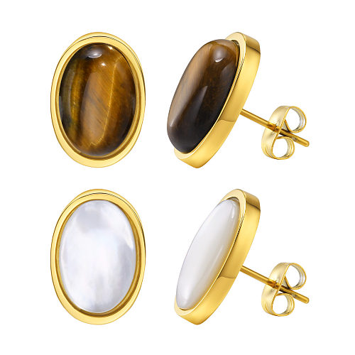 1 Pair Vintage Style Round Plating Inlay Stainless Steel  Tiger Eye Shell 18K Gold Plated Ear Studs