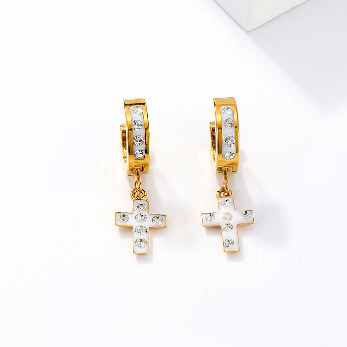 1 Paar künstlerische Kreuz-Ohrringe mit Intarsien und Strasssteinen aus Edelstahl