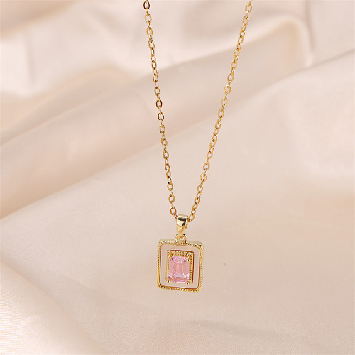 Casual Simple Style Rectangle Stainless Steel  Plating Inlay Rhinestones 18K Gold Plated Pendant Necklace