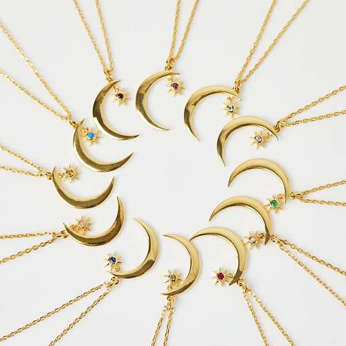 Schlichter Stil, Halskette mit Anhänger, Sonne und Mond, Edelstahl-Beschichtung, Intarsien, Geburtsstein, 18 Karat vergoldet