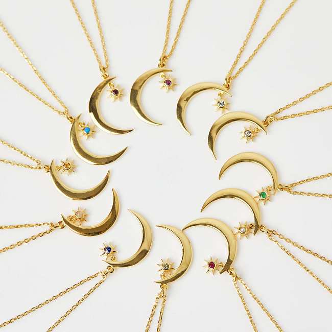 Collier pendentif plaqué or 18 carats avec pierre de naissance et incrustation en acier inoxydable de style simple, soleil et lune