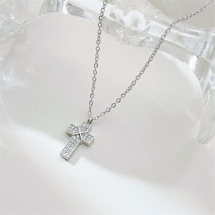 Punk Streetwear Cross Stainless Steel  White Gold Plated Gold Plated Zircon Pendant Necklace In Bulk