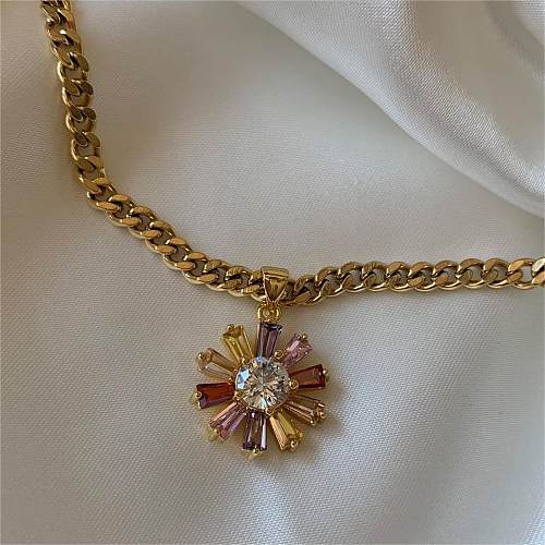 Hip-Hop Flower Stainless Steel  Plating Inlay Zircon 18K Gold Plated Pendant Necklace