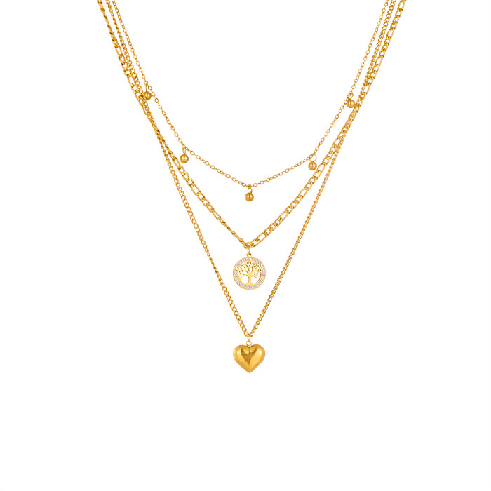 Retro Tree Heart Shape Stainless Steel Plating 18K Gold Plated Layered Necklaces
