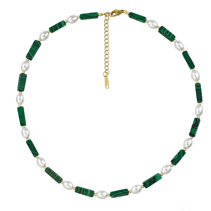 Commute Round Stainless Steel  Imitation Pearl Malachite Beaded Necklace