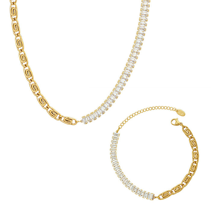 Light Luxury Zircon Splicing Necklace Bracelet Set Stainless Steel 18K Real Gold Plated Jewelry