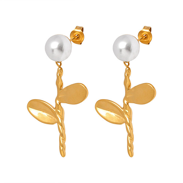 1 paire de boucles d'oreilles pendantes en acier inoxydable, Style Simple et doux, avec incrustation de fleurs et perles