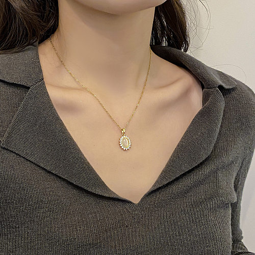 Elegant Oval Flower Stainless Steel Copper Plating Inlay Opal Zircon Pendant Necklace
