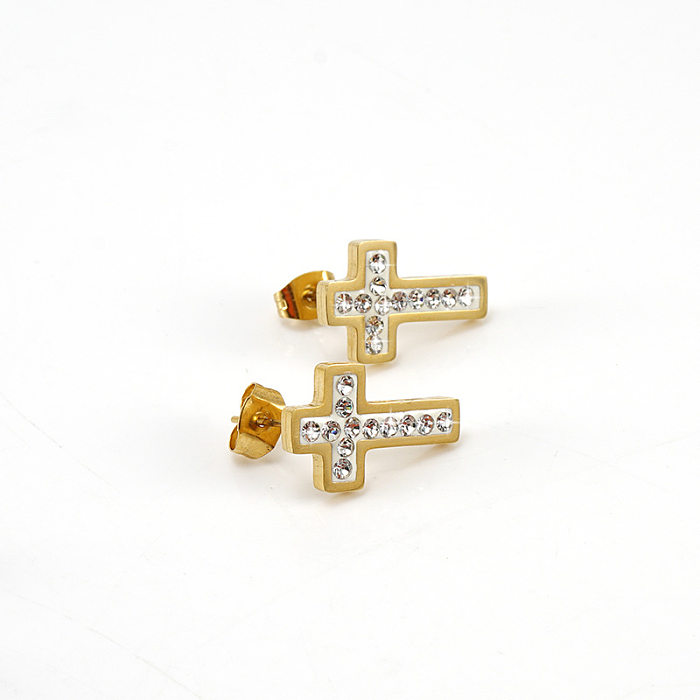 Pendientes de acero inoxidable con forma de cruz de estilo simple Pendientes de acero inoxidable con diamantes de imitación