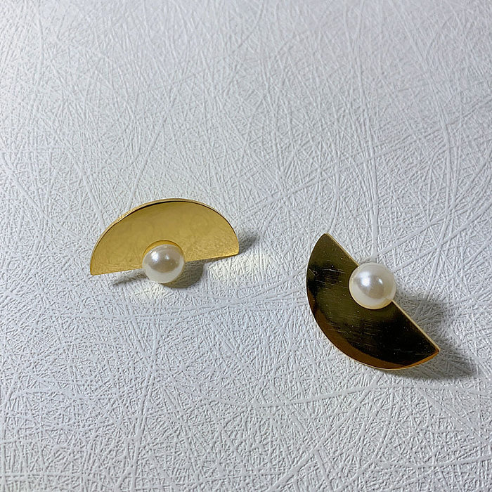 1 par de brincos elegantes de aço inoxidável com imitação de pérola em semicírculo