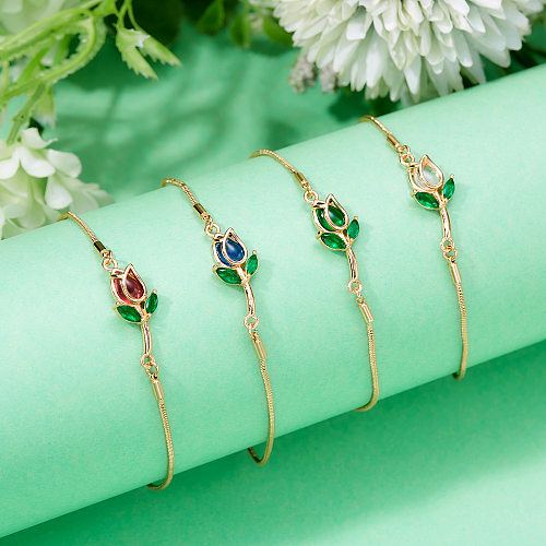 Pulseiras de strass embutidas com chapeamento de aço inoxidável flor estilo simples