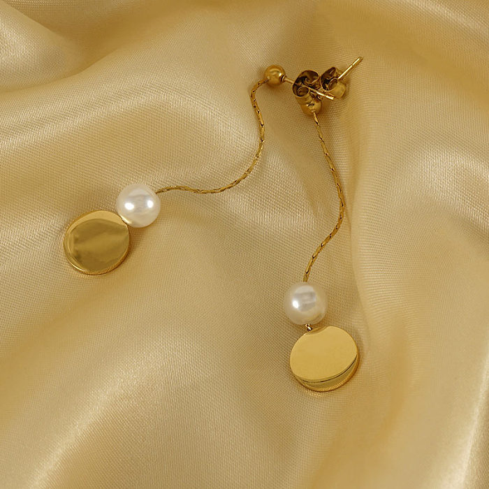 1 Pair Elegant Round Stainless Steel  Inlay Artificial Pearls 18K Gold Plated Drop Earrings