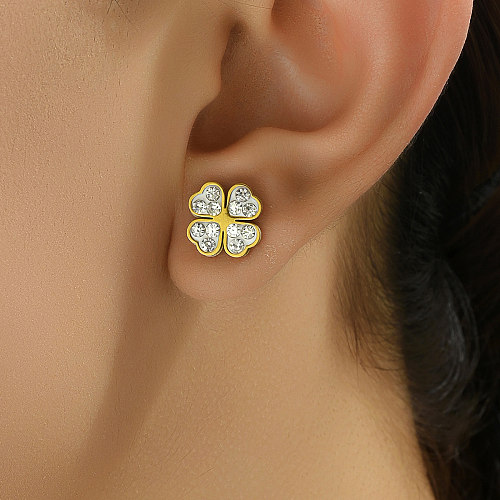 1 Pair Sweet Classic Style Four Leaf Clover Plating Inlay Stainless Steel  Rhinestones 18K Gold Plated Ear Studs