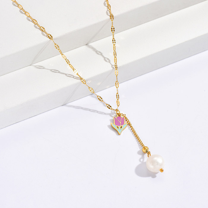 Fashion Flower Stainless Steel  Pendant Necklace Flowers Artificial Pearl Stainless Steel  Necklaces