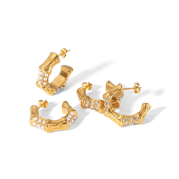 1 Pair Retro Streetwear C Shape Polishing Plating Inlay Stainless Steel  Zircon 18K Gold Plated Ear Studs