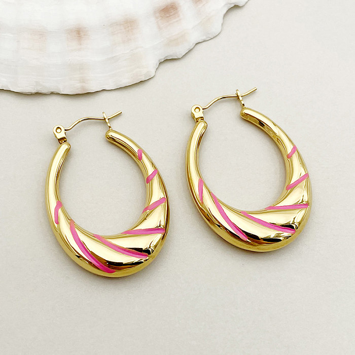 1 Pair Elegant Lady Roman Style Stripe Enamel Plating Stainless Steel  Gold Plated Hoop Earrings