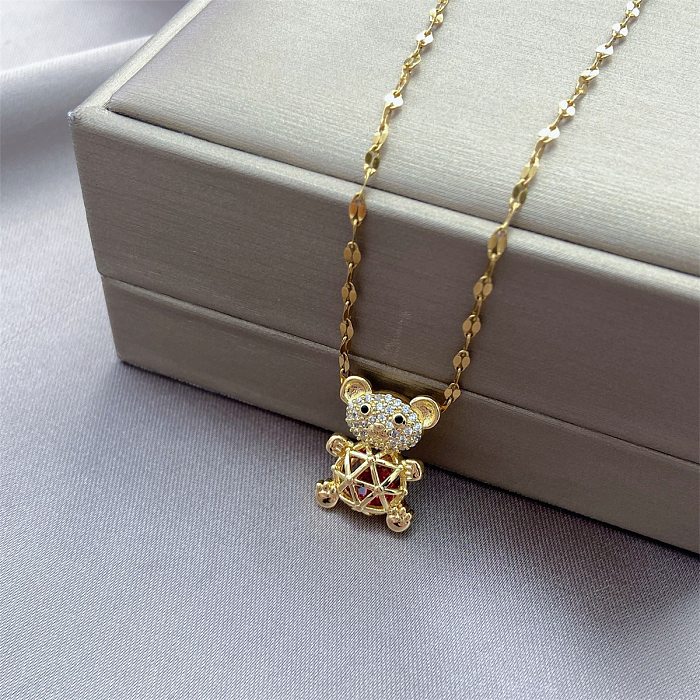 Elegante süße Kaninchen-Tier-Bär-Halskette aus Edelstahl mit Kupferbeschichtung und Inlay-Zirkon-Anhänger