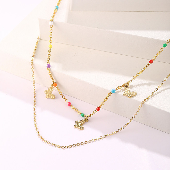 IG Style Hip-Hop Butterfly Stainless Steel  Plating 18K Gold Plated Double Layer Necklaces