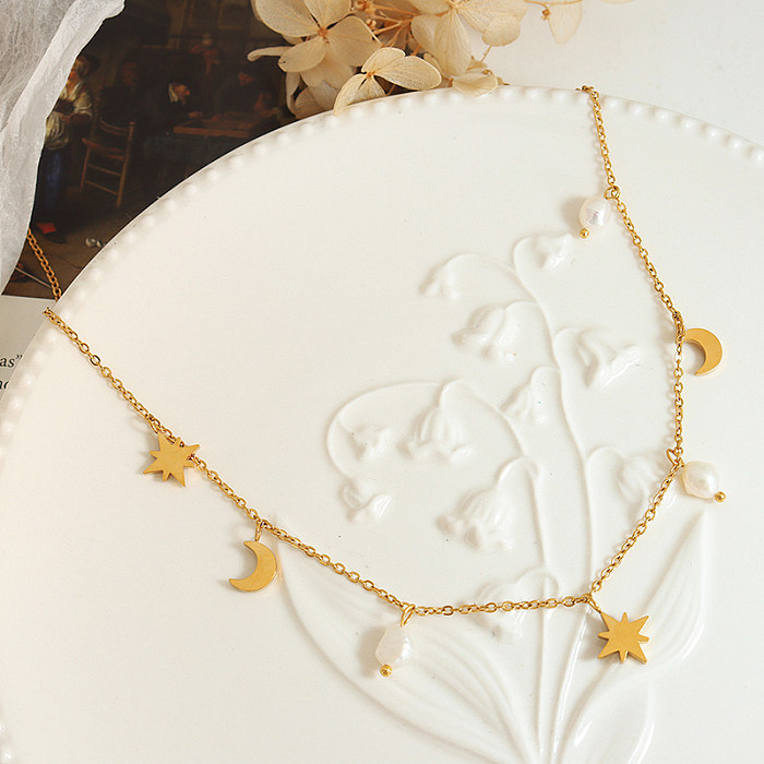 Collier en acier inoxydable étoile lune de Style Simple, colliers en acier inoxydable avec perles plaquées or