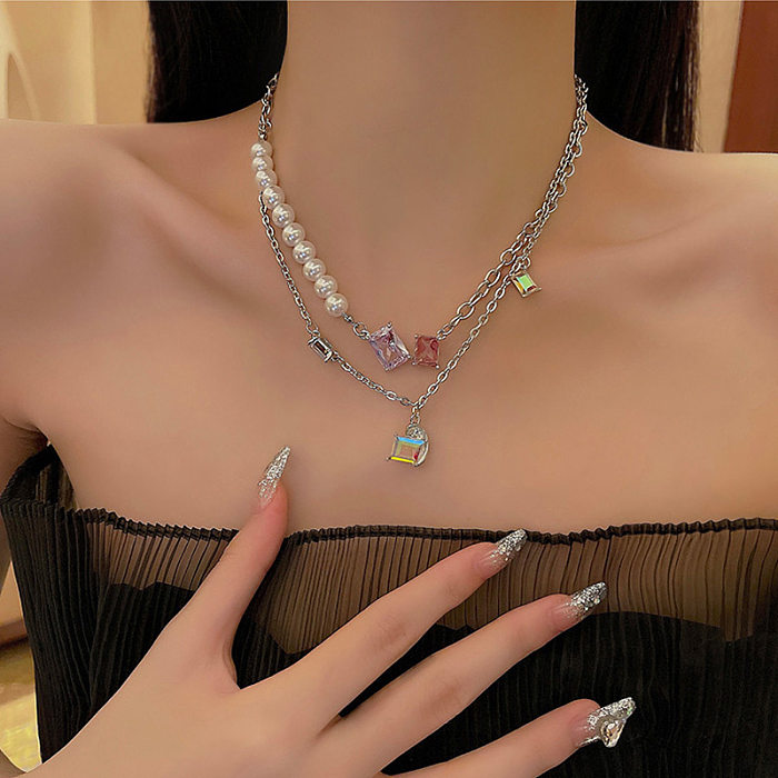 Collares de doble capa con incrustaciones de diamantes de imitación geométricos de acero inoxidable para mujer elegantes