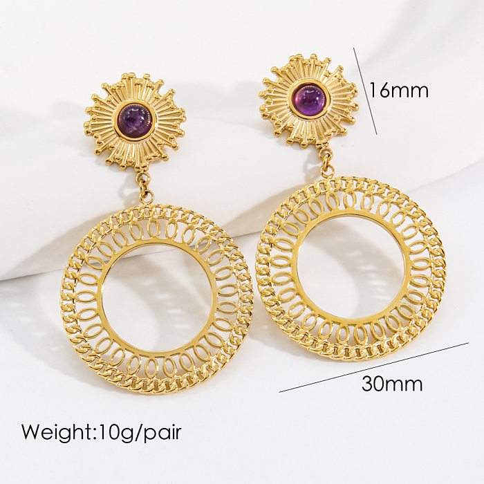 1 Pair Vintage Style Simple Style Circle Plating Inlay Stainless Steel  Natural Stone Earrings