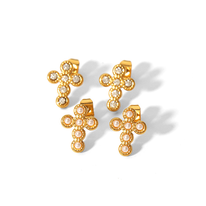 1 Pair Simple Style Cross Moon Polishing Plating Inlay Stainless Steel  Zircon 18K Gold Plated Ear Studs