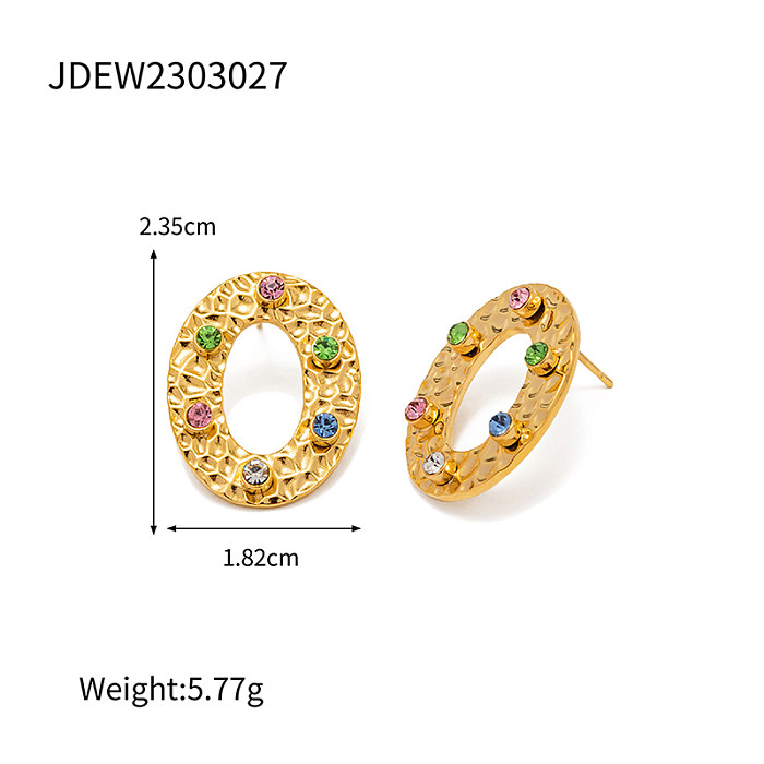 1 par elegante oval chapeamento de aço inoxidável oco incrustação de diamante artificial 18K brincos banhados a ouro