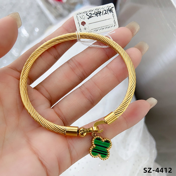 Casual Classic Style Four Leaf Clover Stainless Steel Enamel Bangle