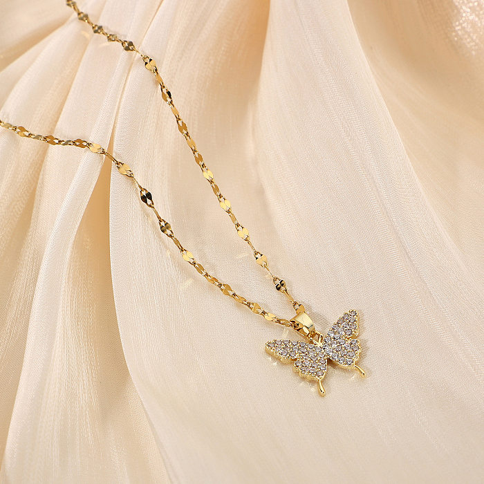Großhandel Schmuck mit Schmetterlings-Intarsien-Diamant-Anhänger, Halskette aus Edelstahl