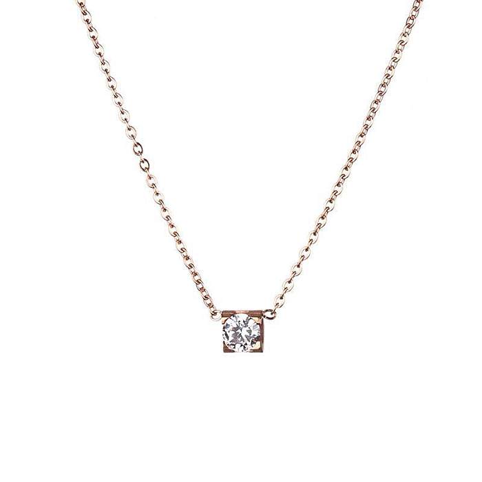 Schlichter Stil, quadratische Edelstahl-Beschichtung, künstlicher Diamant, 18 Karat vergoldete Halskette