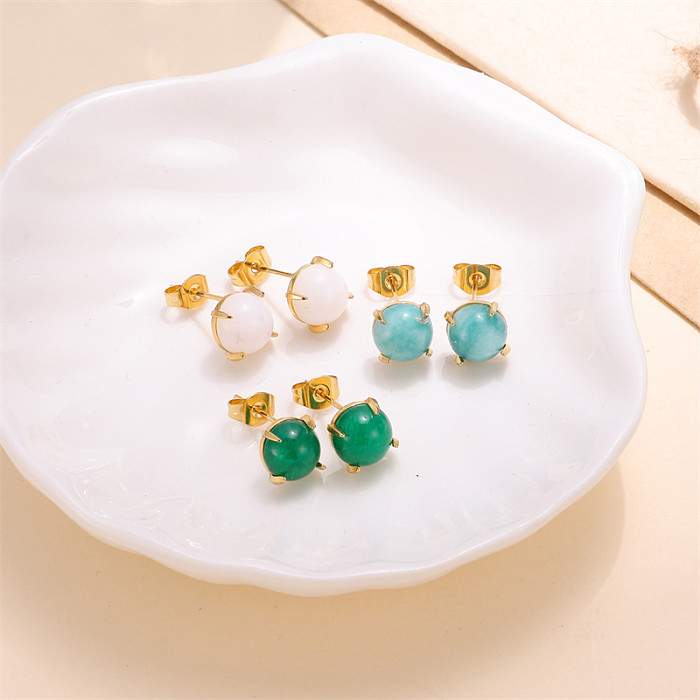 1 par de brincos elegantes de cor sólida com incrustações de aço inoxidável para orelha de jade