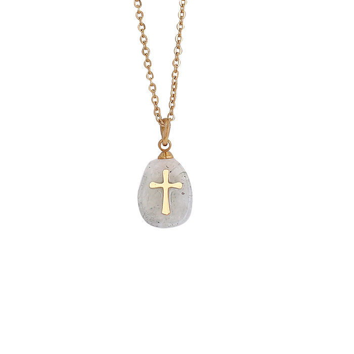 Fashion Cross Stainless Steel  Natural Stone Plating Pendant Necklace 1 Piece