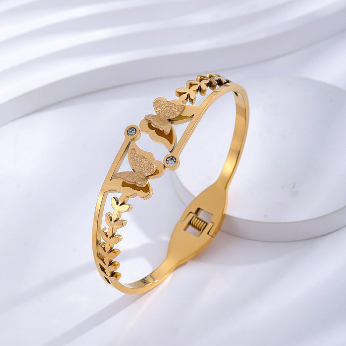 Casual estilo clássico borboleta incrustação de aço inoxidável strass rosa banhado a ouro banhado a prata pulseira