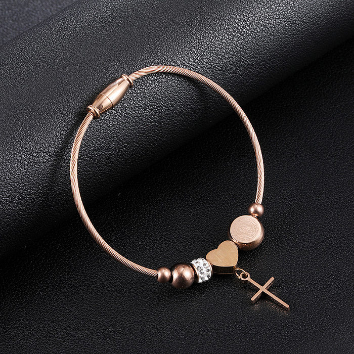 Elegant Streetwear Cross Heart Shape Stainless Steel Zircon Bangle In Bulk