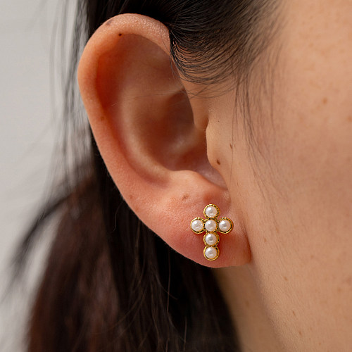 Boucles d'oreilles croix en acier inoxydable, placage de perles, Zircon, boucles d'oreilles en acier inoxydable