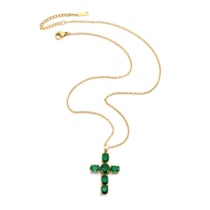 Einfache Halskette mit Kreuz-Anhänger aus Edelstahl mit Intarsien und Strasssteinen