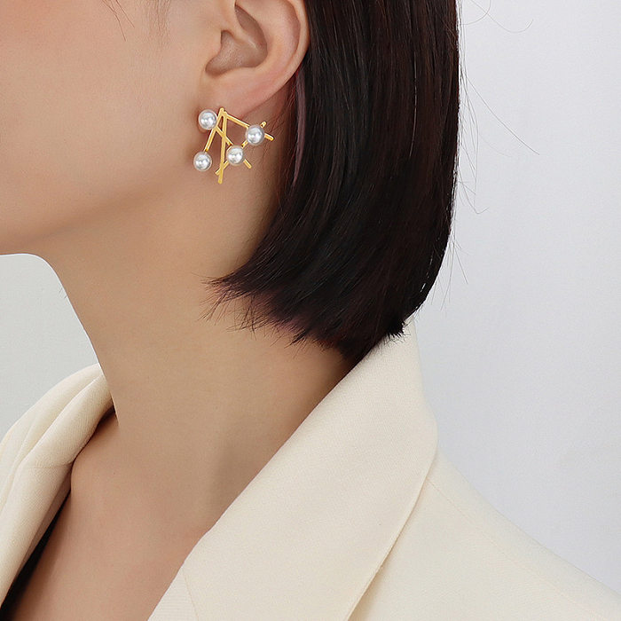 Marka Französisch Stil Ins Ornament Unregelmäßige Imitation Perle Geometrische Ohrringe Edelstahl 18K Gold Ohrringe Weibliche F525