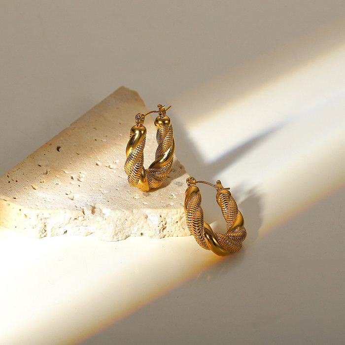 Fashion Retro Double Twist Oval 18K Gold Stainless Steel  U-shaped Earrings Women's