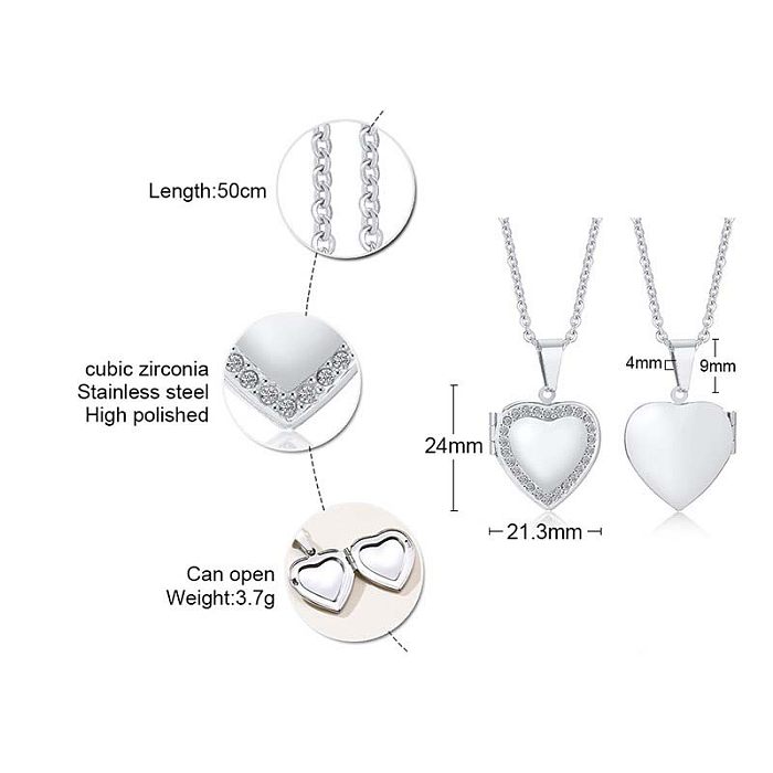 Schlichter Stil, Herzform, Edelstahl-Beschichtung, Zirkon-Anhänger-Halskette, 1 Stück