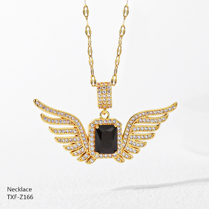 Retro Classic Style Eye Wings Stainless Steel  Plating Inlay Rhinestones Zircon Gold Plated Necklace