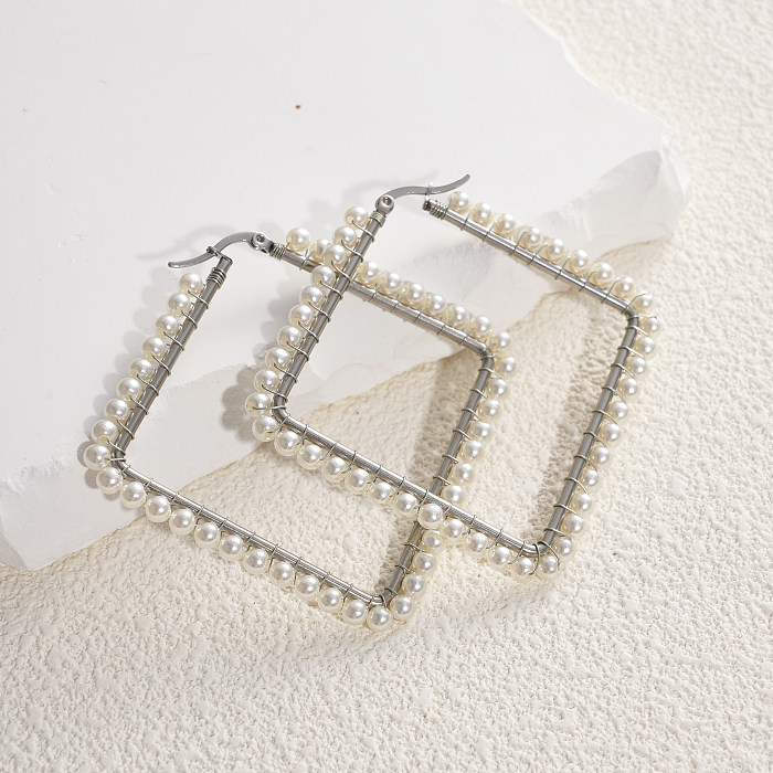 Boucles d'oreilles en perles artificielles en acier inoxydable, 1 paire, Style Simple, carré géométrique, incrustation en forme de cœur