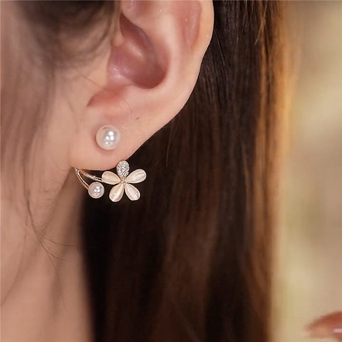 Boucles d'oreilles en Zircon, 1 paire, Style Simple et doux, incrustation de fleurs, perles artificielles en acier inoxydable