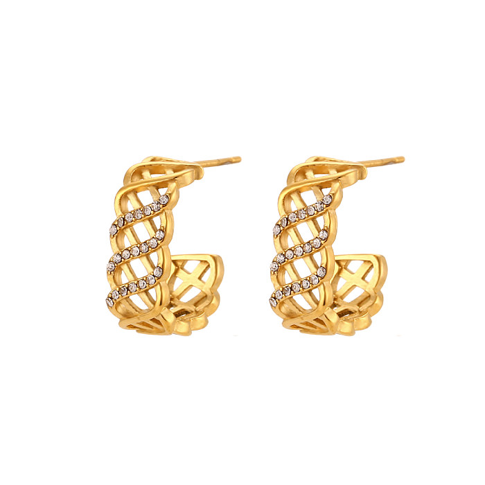 1 par de strass estilo vintage em forma de C, chapeamento de aço inoxidável, strass banhados a ouro 18K, brincos de orelha