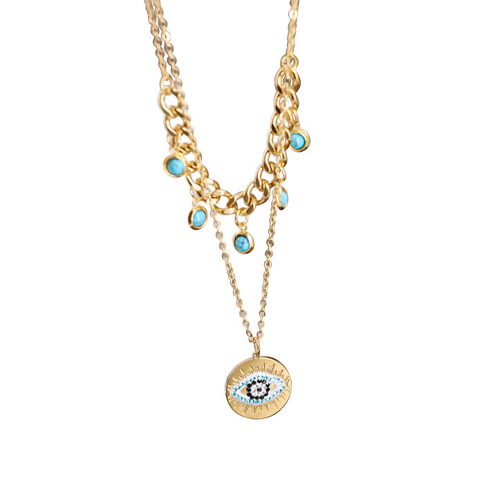 Casual Simple Style Round Devil'S Eye Stainless Steel Plating Inlay Turquoise Rhinestones Layered Necklaces