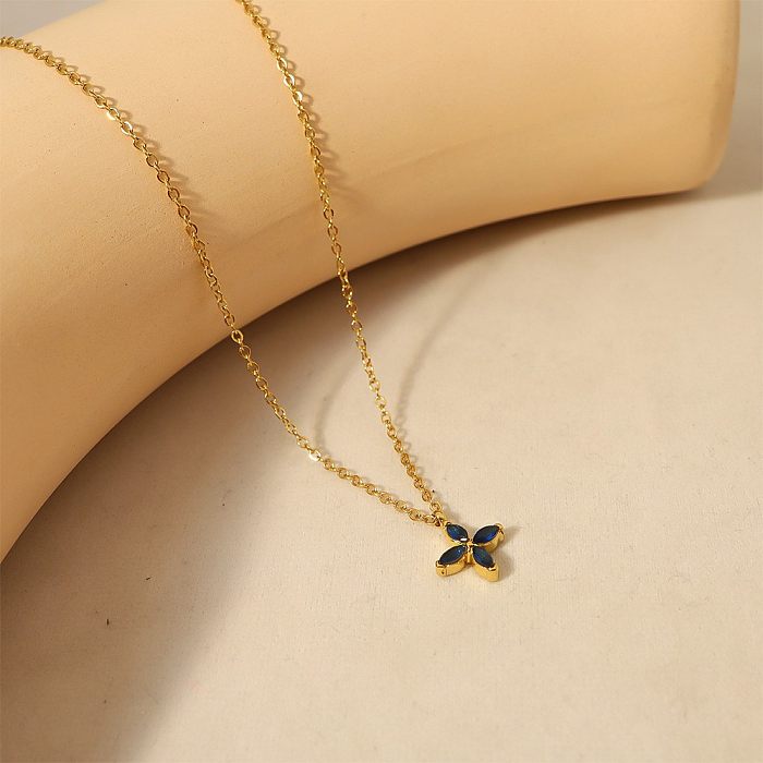 Sweet Flower Stainless Steel  Plating Inlay Zircon 18K Gold Plated Pendant Necklace