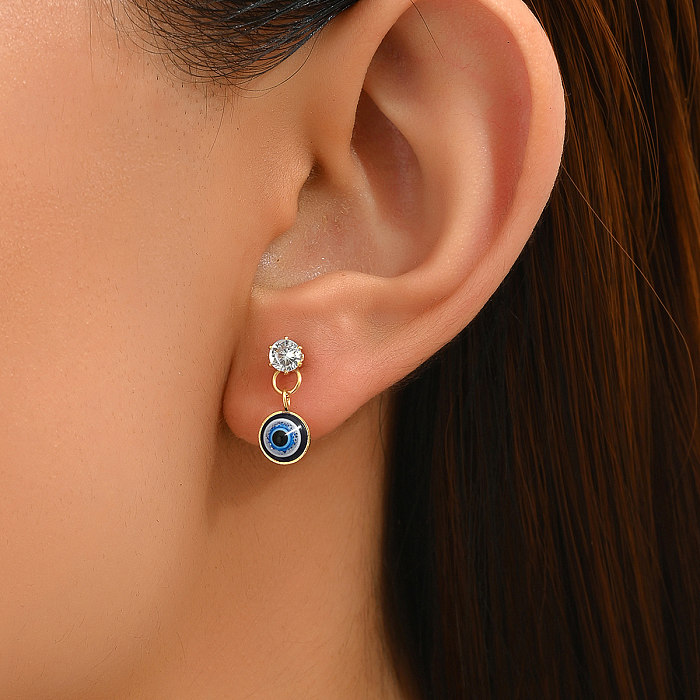 Boucles d'oreilles rétro en forme d'oeil du diable, 1 paire, incrustation en acier inoxydable, Zircon plaqué or 18 carats