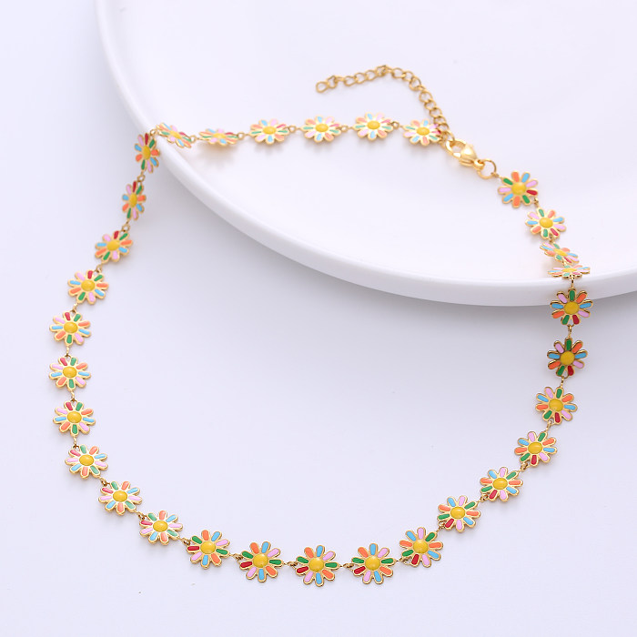 Fashion Flower Stainless Steel  Epoxy Chain Necklace